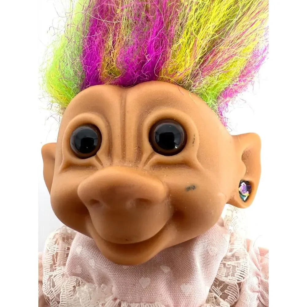 Vintage Bright of America Lucky Troll Doll Pink Dress Rainbow Hair Brown Eyes